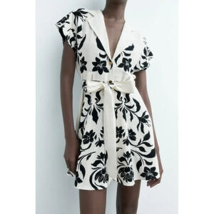 Zara White & Black Lily Floral Linen Button Down Belted Mini Dress M
